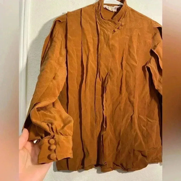 Madame de Saint Gil Vintage Caramel Brown Layered Silk Long Sleeve Blouse Sz 40 - Picture 6 of 8